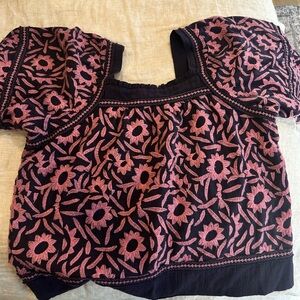 Embellished Black and Pink Puff Sleeve Blouse